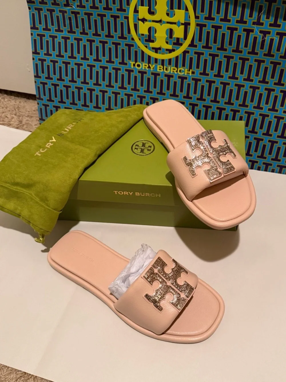 Tory Burch Shell Pink Double T Deco Sport Slide Sandals